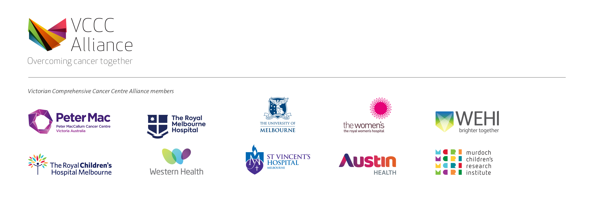Logos of Peter Mac, RMH, UoM, The Women's, WEHI, RCH, Western Health, St Vincent's Hospital, Austin Health, MCRI